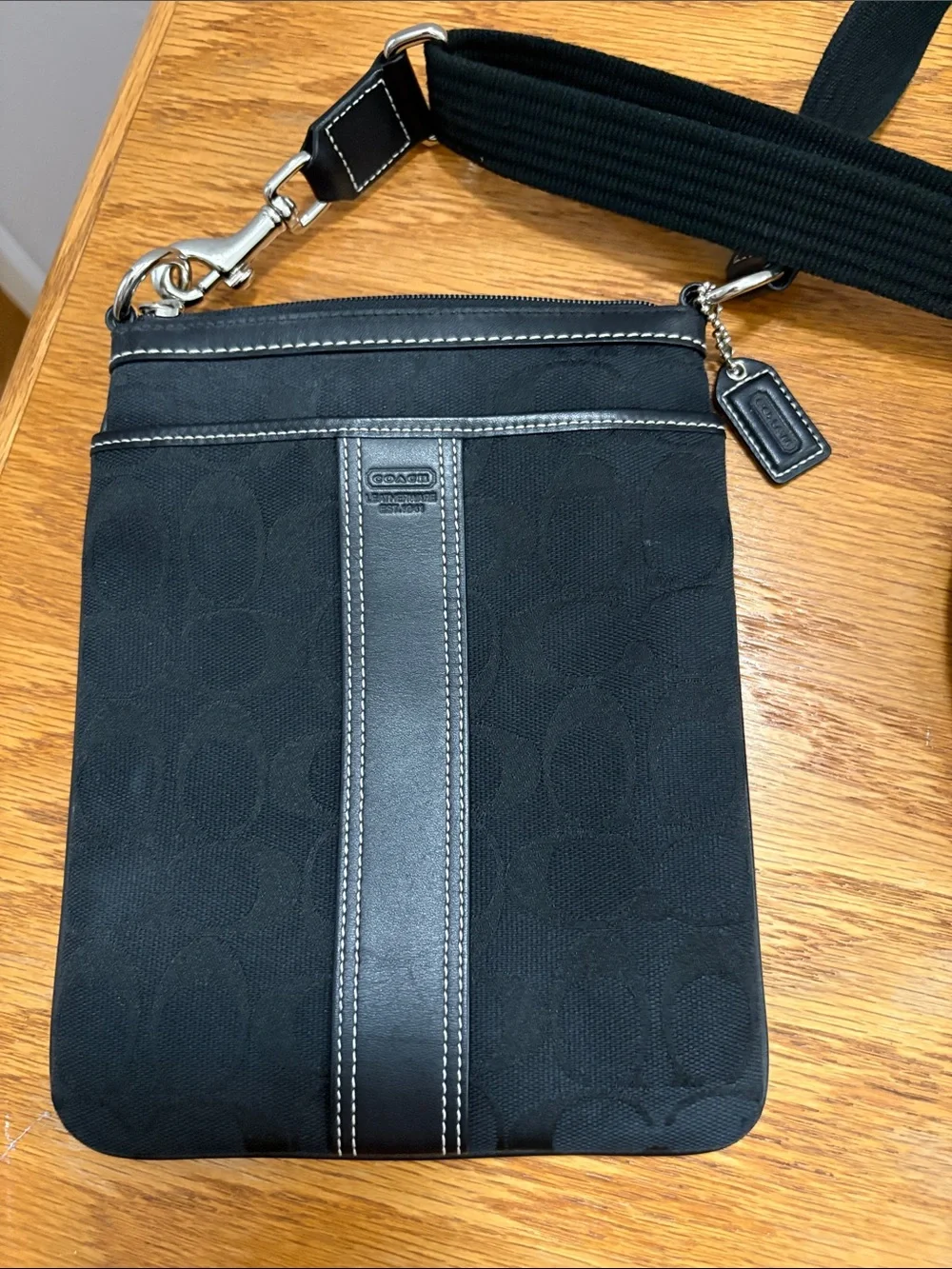 Coach Black Crossbody with Leather Center Stripe